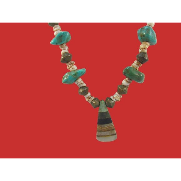Southwestern Turquoise Nugget Brass Shell Pendant Necklace - Picture 11 of 16